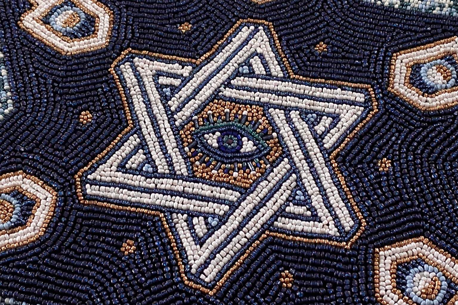 Hanukkah table runner with Star of David, Hamsa and Dreidel inner border blue and silver Star of David and outer border blue & gold 2024 48x14”